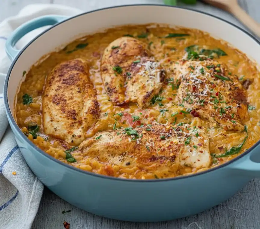Easy One-Pan Chicken with Creamy Red Pesto Risoni (Orzo)