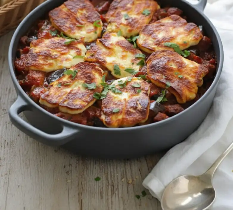 Grilled Halloumi and Veggie Bake