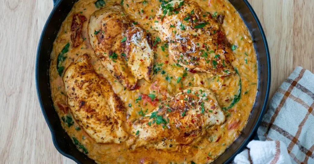Chicken with creamy red pesto risoni