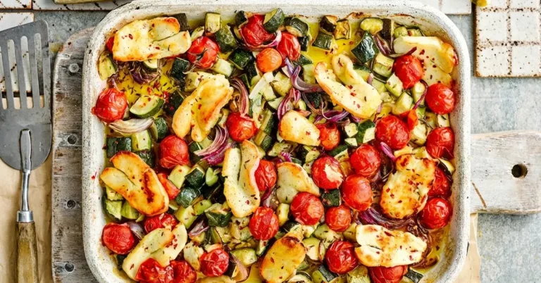 Easy grilled halloumi and veggie bake