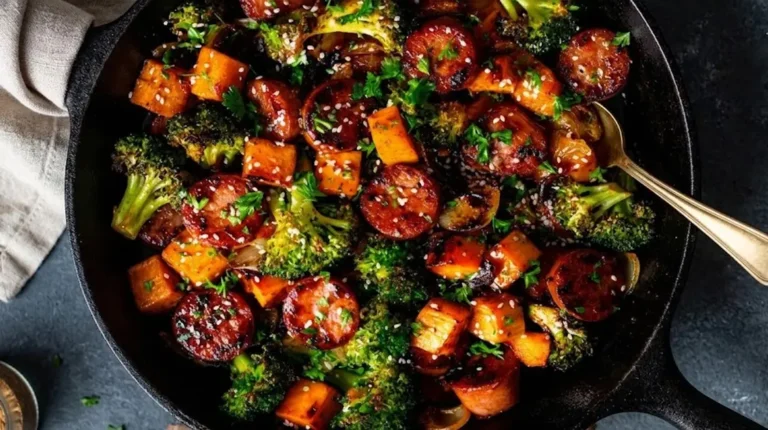 Roasted Sweet Potatoes Sausage and Broccoli Sheet Pan